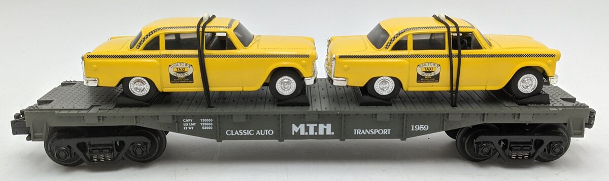 MTH 30-7625 O Gauge MTH Auto Transport Flatcar w/ Ertl Checker Cabs #1959 LN/Box
