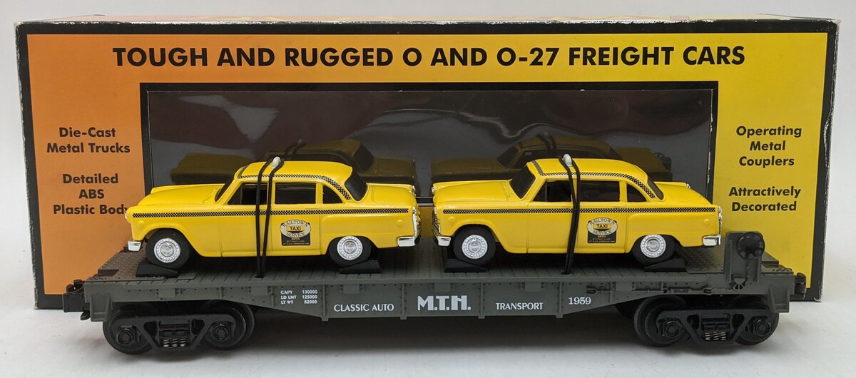 MTH 30-7625 O Gauge MTH Auto Transport Flatcar w/ Ertl Checker Cabs #1959 LN/Box