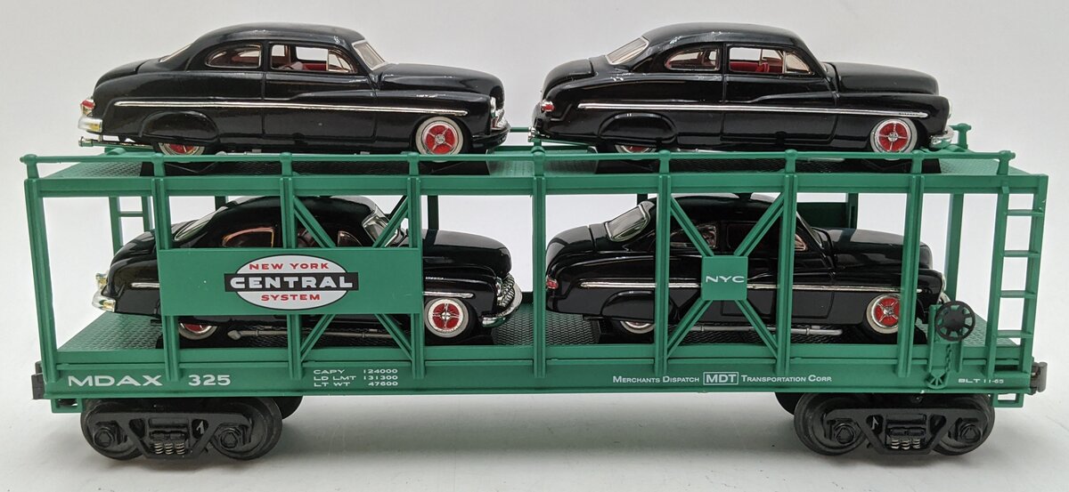 MTH 30-7682 O New York Central Auto Carrier #325 with (4) Ertl 1949 Mercurys VG/Box