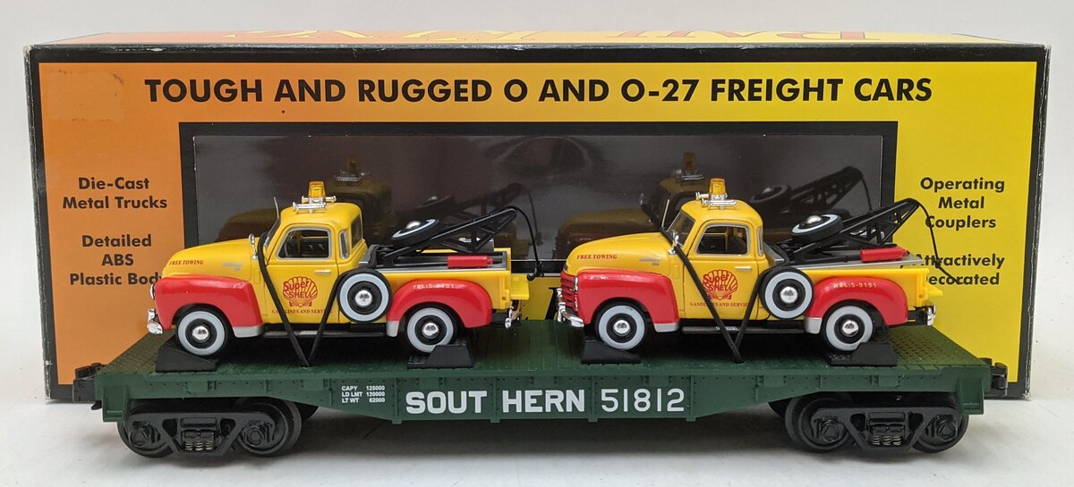 MTH 30-76123 O Gauge Southern Flatcar w/2 Chevy Tow Trucks LN/Box