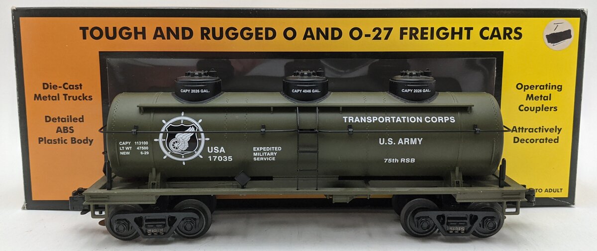 MTH 30-7364 O Gauge Army 3-Dome Tank Car #17035 LN/Box