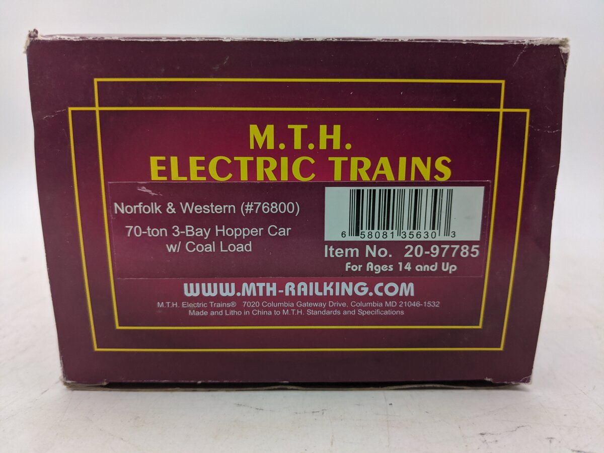 MTH 20-97785 O Norfolk & Western 3-Bay Hopper W/Coal Load #76800 EX/Box