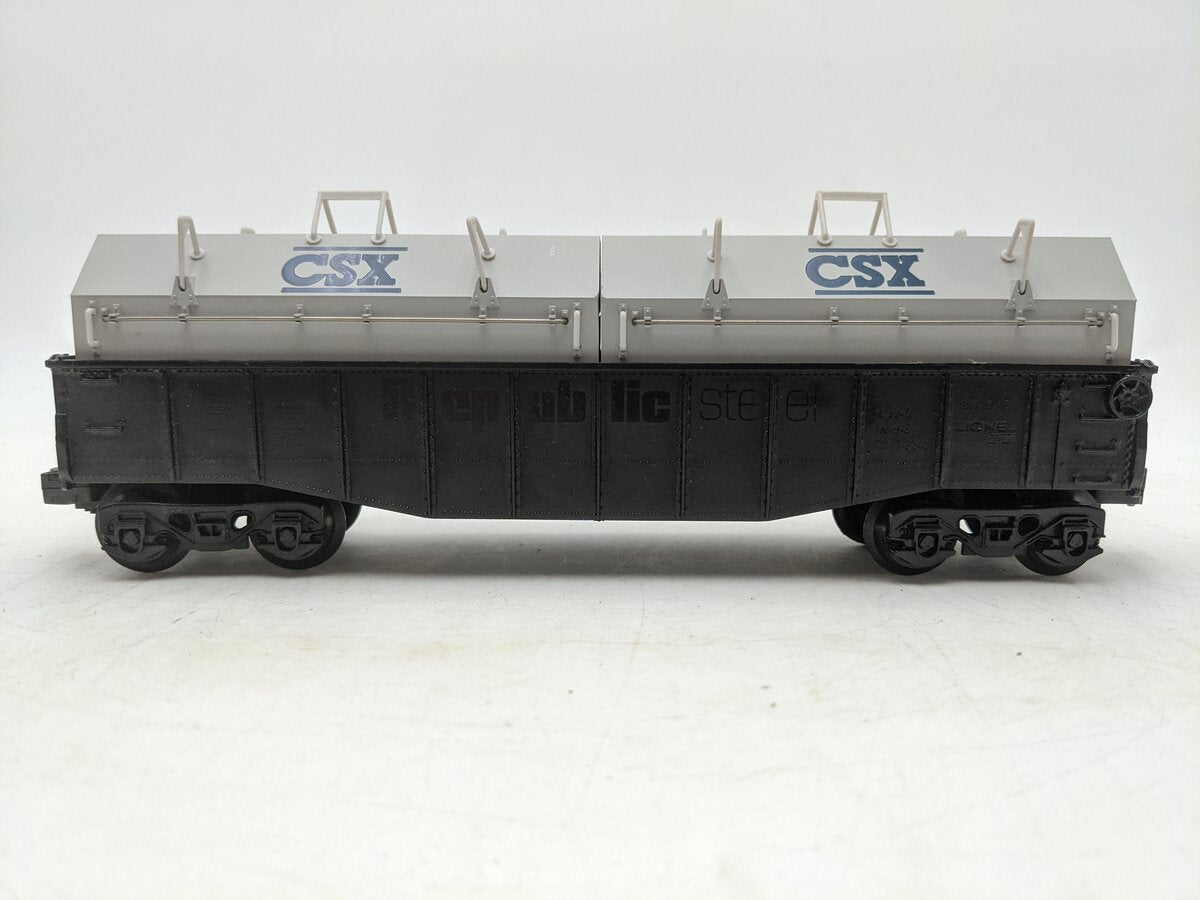 Lionel O Gauge Republic Steel Gondola with CSX Coil Covers EX