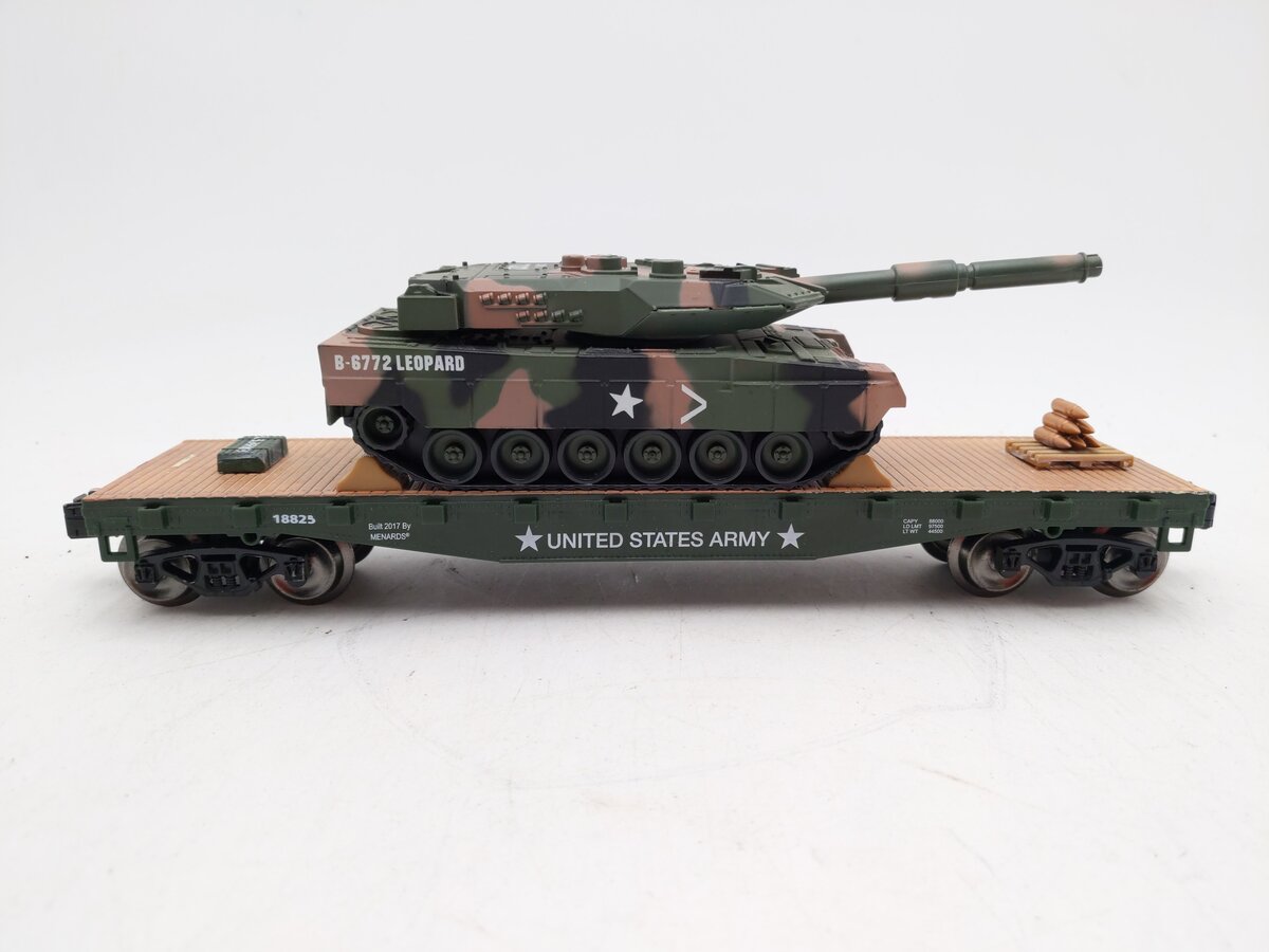 Menards 279-3989 O Military Flatcar w/ Leopard Tank #18825 EX