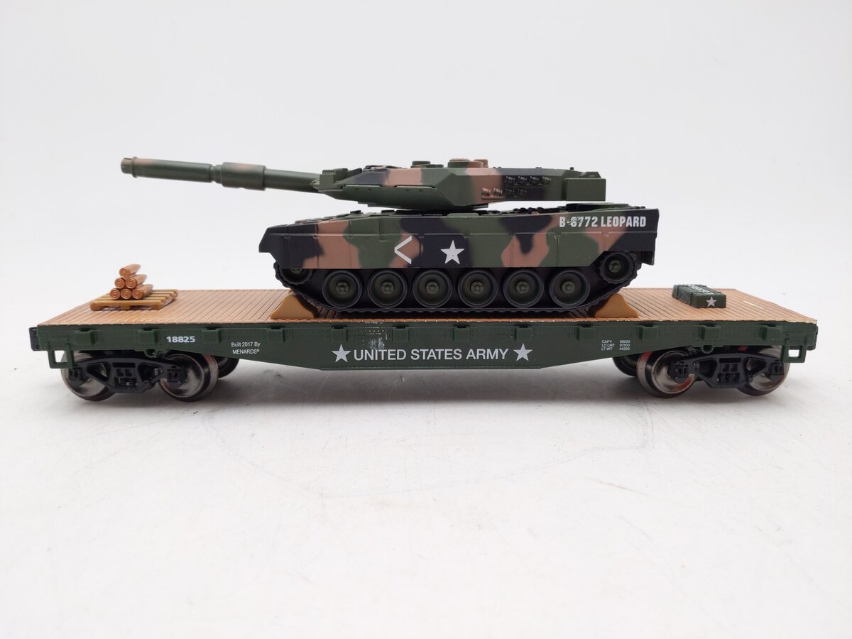 Menards 279-3989 O Military Flatcar w/ Leopard Tank #18825 EX