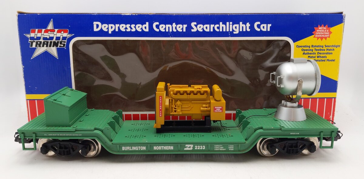 USA Trains R17323 G Burlington Northern Depressed Center Searchlight Car #2233 VG/Box
