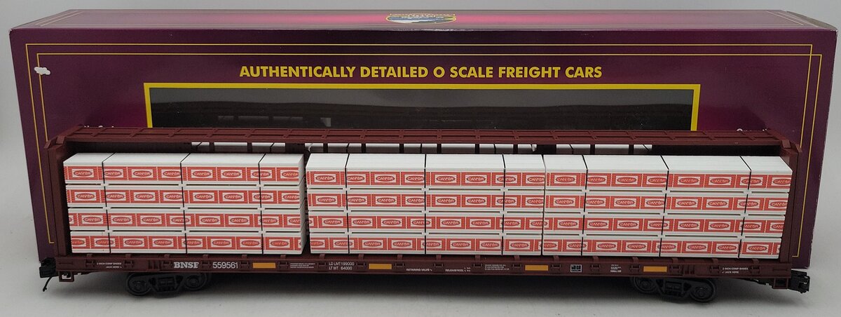 MTH 20-95350 O BNSF Premier Center Beam Flat Car w/Lumber Load #559561 NIB