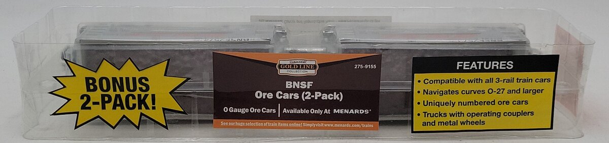 Menards 275-9155 O Gauge BNSF Ore Cars (2 Pack) #2574 and #2573 MT/Box