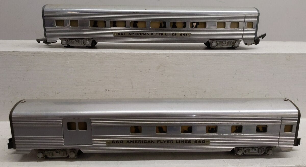 American Flyer 661 & 660  Vintage S Gauge Aluminum Pullman Passenger Cars [2] EX