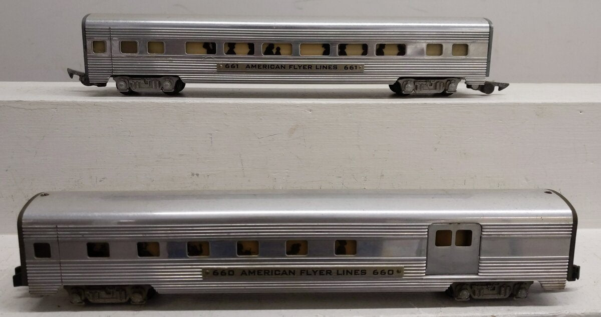 American Flyer 661 & 660  Vintage S Gauge Aluminum Pullman Passenger Cars [2] EX