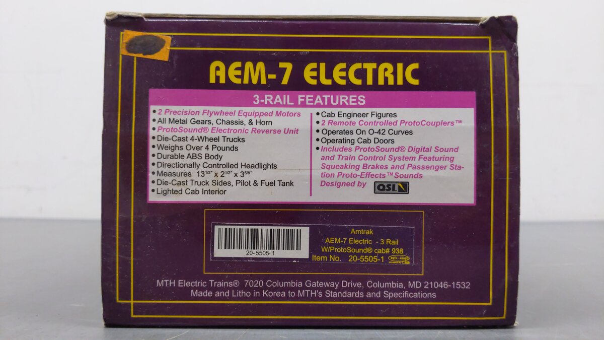 MTH 20-5505-1 Amtrak AEM-7 Electric Locomotive w/Proto-Sound 1.0 #938 EX/Box