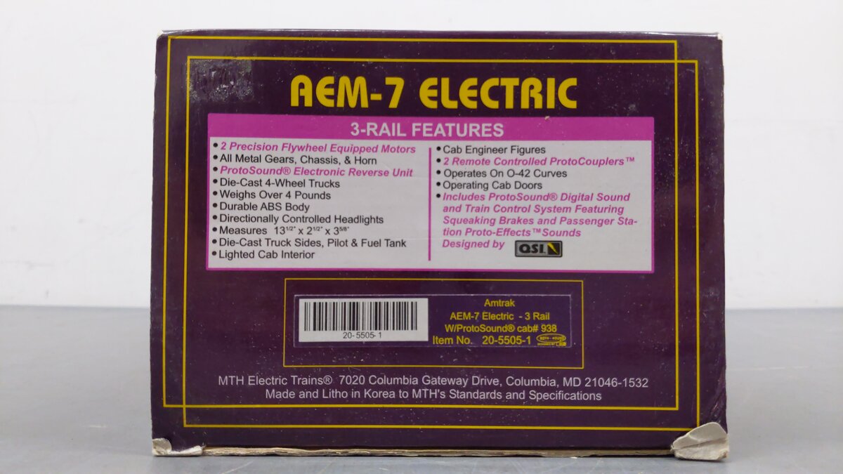 MTH 20-5505-1 Amtrak AEM-7 Electric Locomotive w/Proto-Sound 1.0 #938 EX/Box