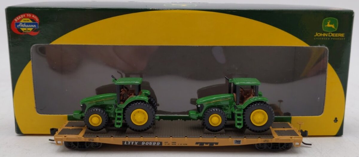 Athearn 10446 N Scale John Deere 53' Flatcar #90599 with 2 John Deere Tractors LN/Box