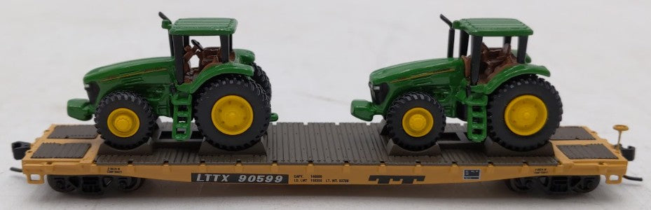 Athearn 10446 N Scale John Deere 53' Flatcar #90599 with 2 John Deere Tractors LN/Box