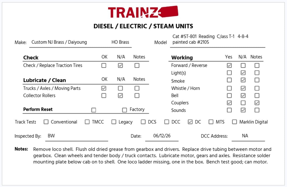 Custom NJ Brass ST-801 HO Brass Reading T-1 4-8-4 Steam Loco/Tender #2105 EX/Box