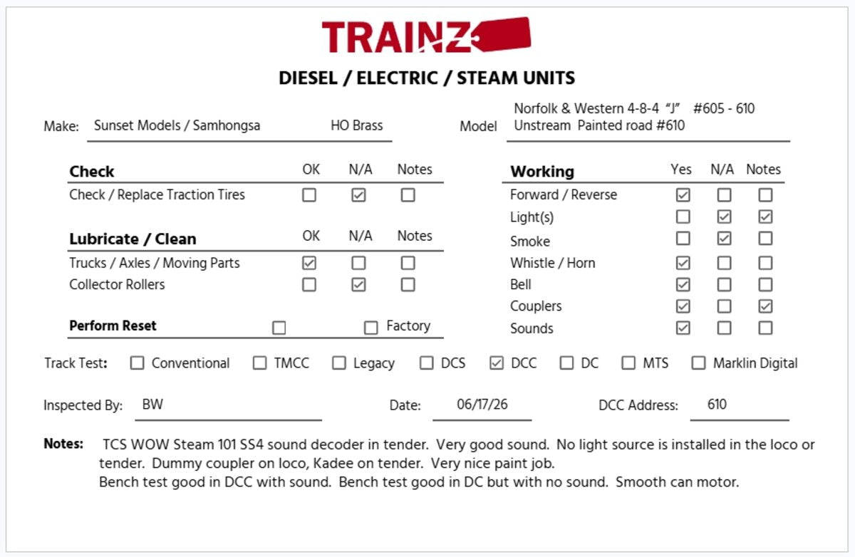 Sunset Models HO BRASS N&W "J" Class 4-8-4 Steam Loco& Tender -Paint W/DCC/SND EX/Box