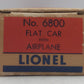 Lionel 6800 Vintage O Flatcar with Yellow over Black Airplane EX/Box