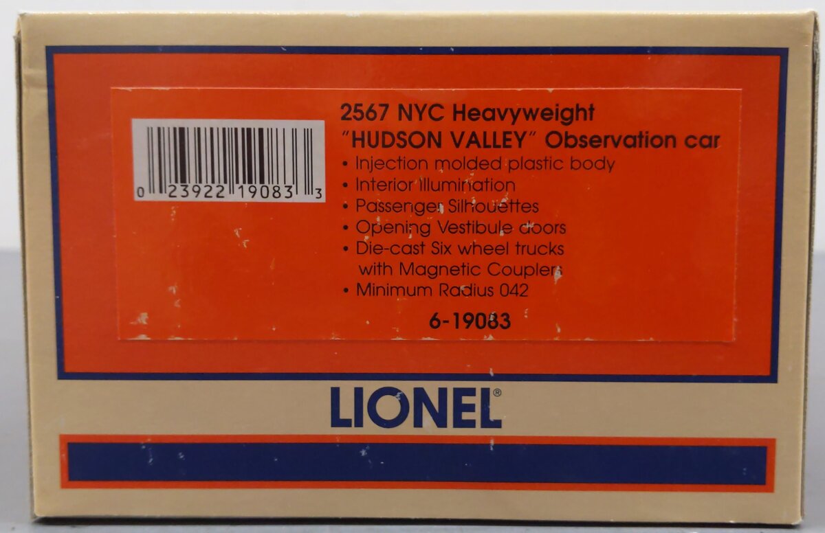 Lionel 6-19083 O Gauge New York Central Hudson Valley 2567 Observation Car EX/Box