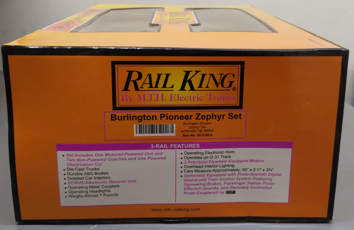 MTH 30-2186-0 O Burlington Pioneer Zephyr Passenger Car with Horn (Set of 4) VG/Box