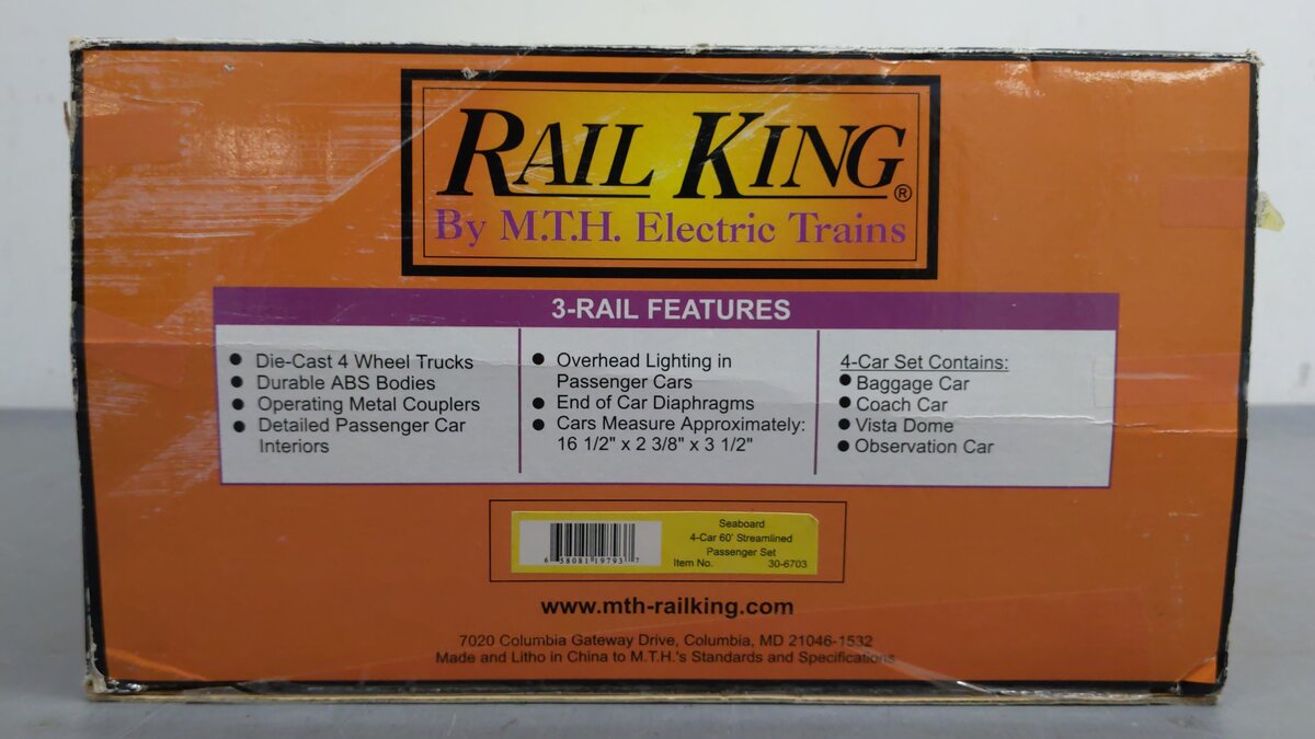 MTH 30-6703 O Seaboard Rail King 60' Streamlined ABS Passenger (Set of 4) EX/Box
