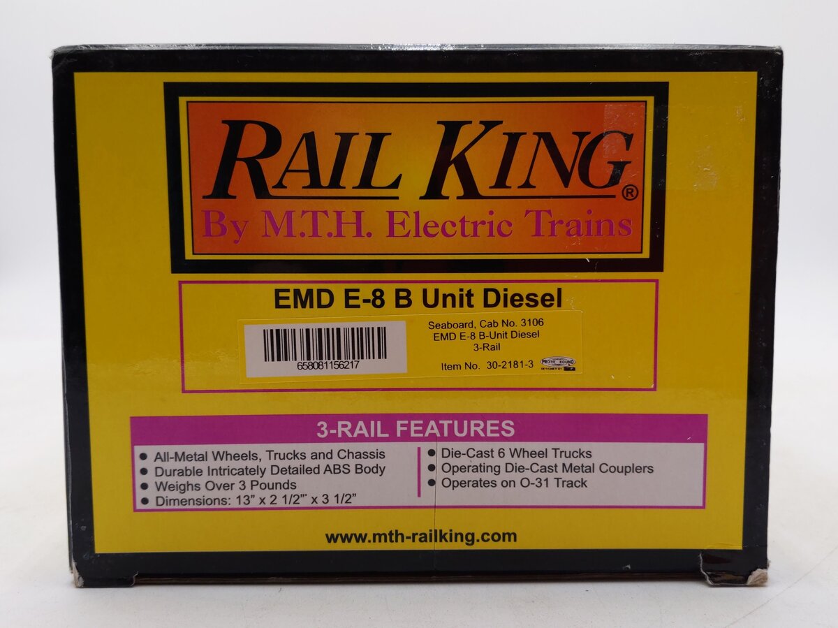 MTH 30-2181-3 O Gauge Seaboard EMD E-8 B Unit Non-Powered Diesel Engine #3106 EX/Box