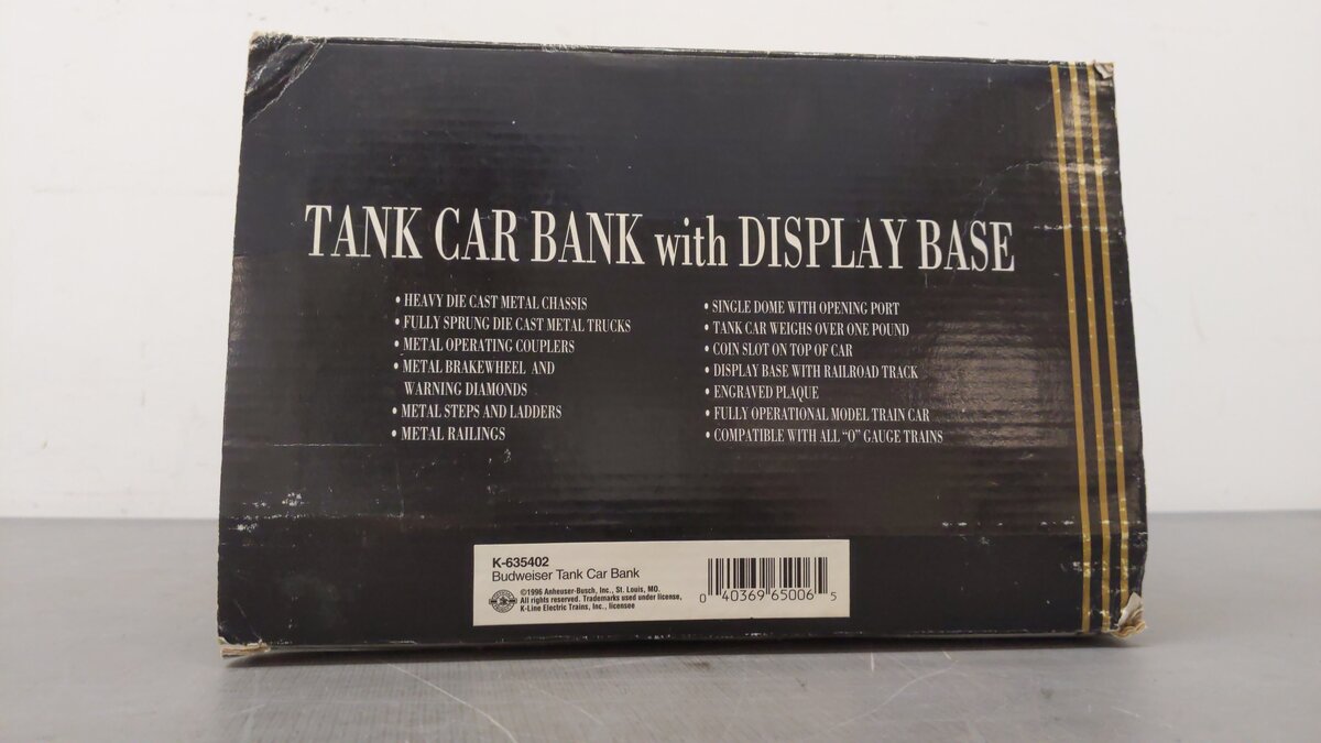 K-Line K635402 Budweiser Tank Car Bank w/Display Base EX/Box