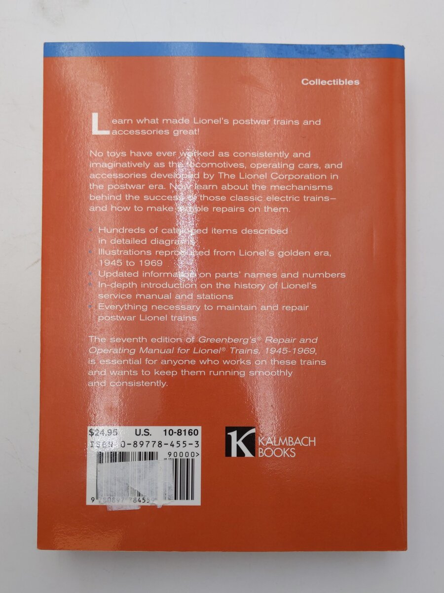 Greenberg's Repair & Operating Manual for Lionel Trains 1945-1969 Paperback Book VG