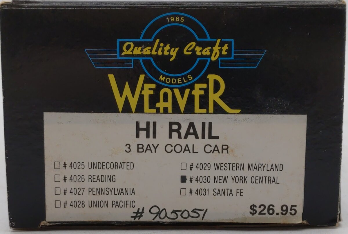 Weaver 4030 New York Central 3 Bay Hopper Hi-Rail #905051 VG/Box