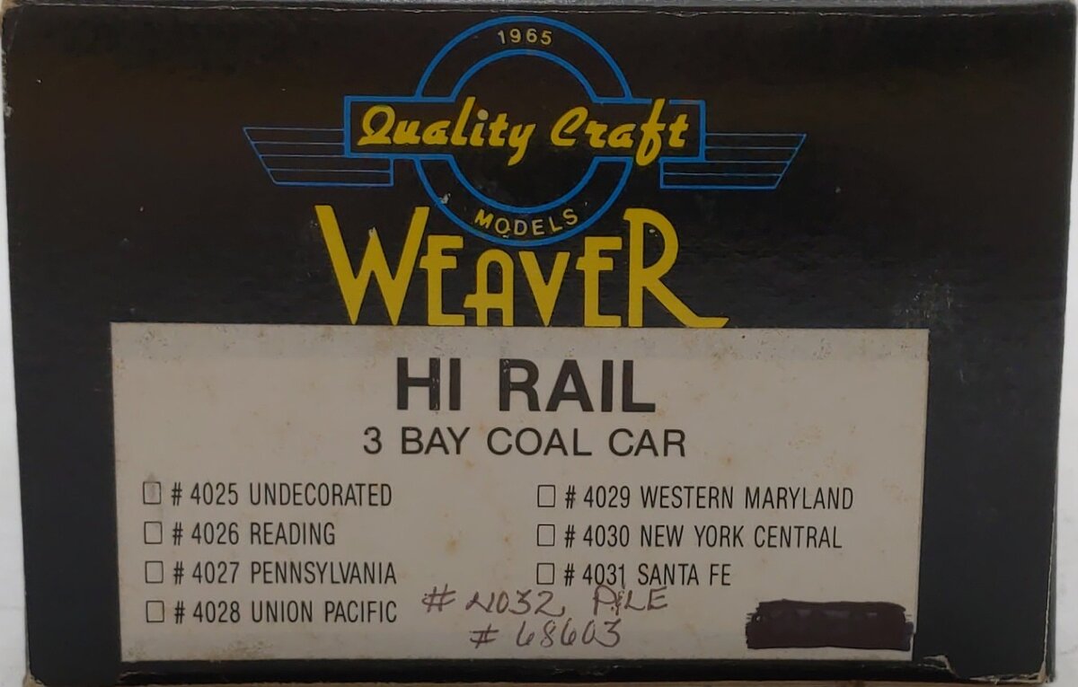 Weaver 4032 O scale P&LE Hi Rail 3 Bay Coal Car #68603 VG/Box