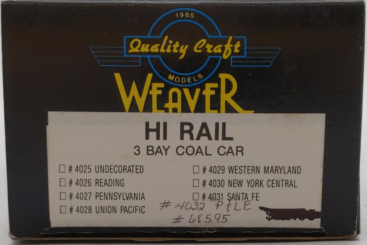 Weaver 4032 O scale P&LE Hi Rail 3 Bay Coal Car #68595 VG/Box