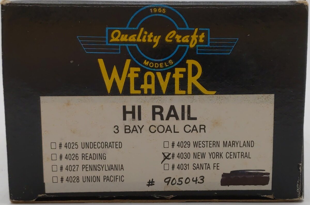Weaver 4030 New York Central 3 Bay Hi-Rail Hopper #905043 VG/Box
