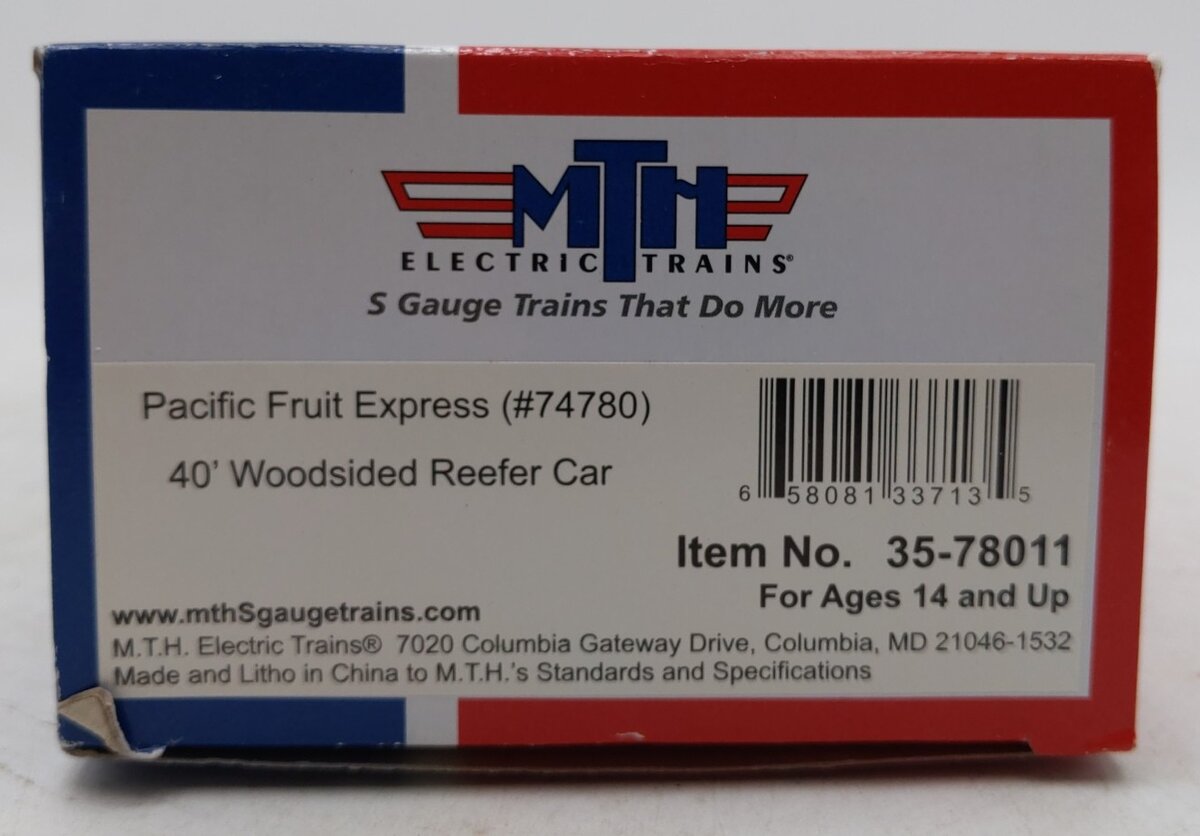 MTH 35-78011 S Gauge Pacific Fruit Express 40' Woodsided Reefer #74780 NIB