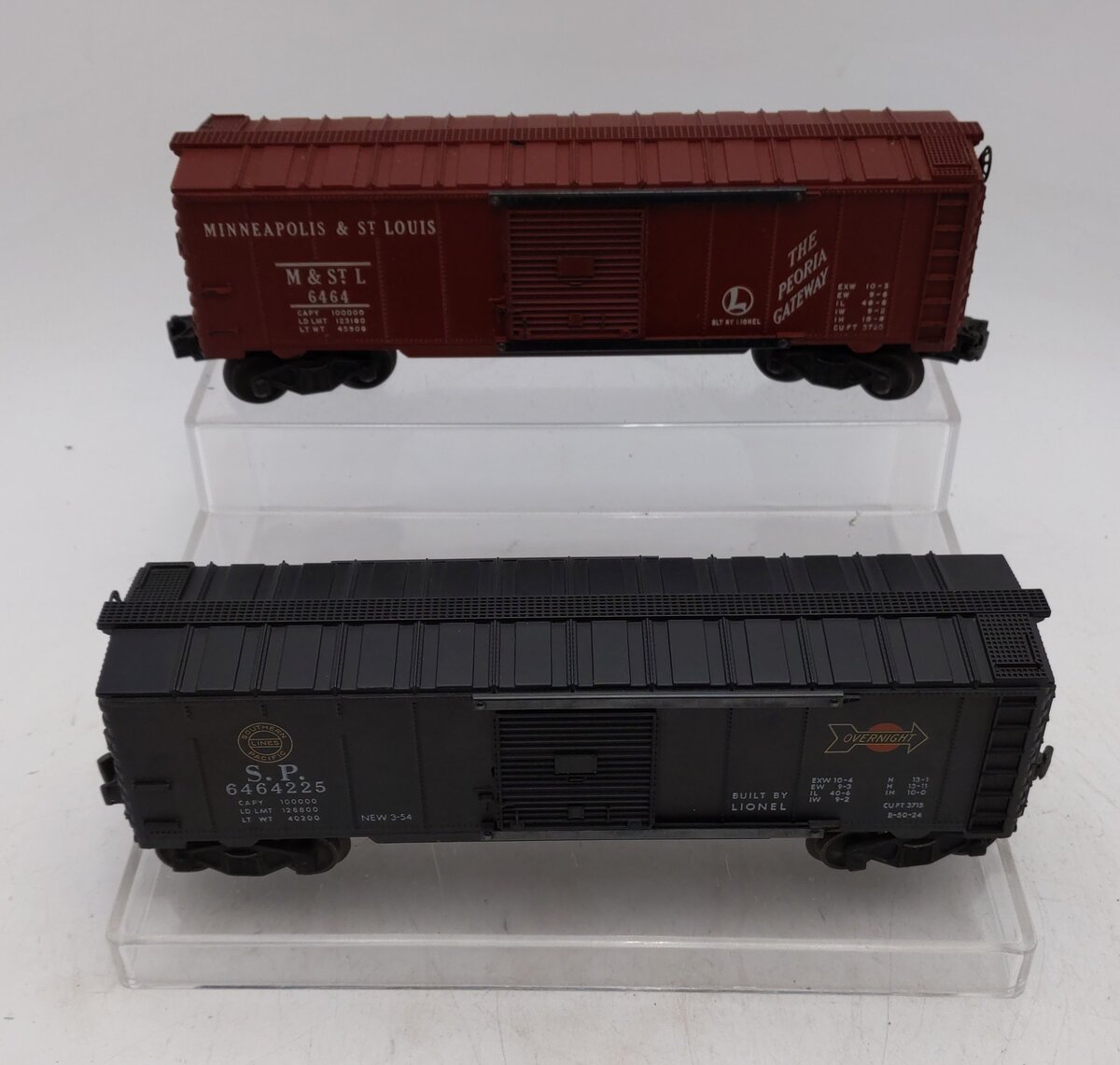 Lionel Vintage O Gauge 6464-50 M&St.L Boxcar & 6464-225 Southern Pacific Boxcar VG/Box