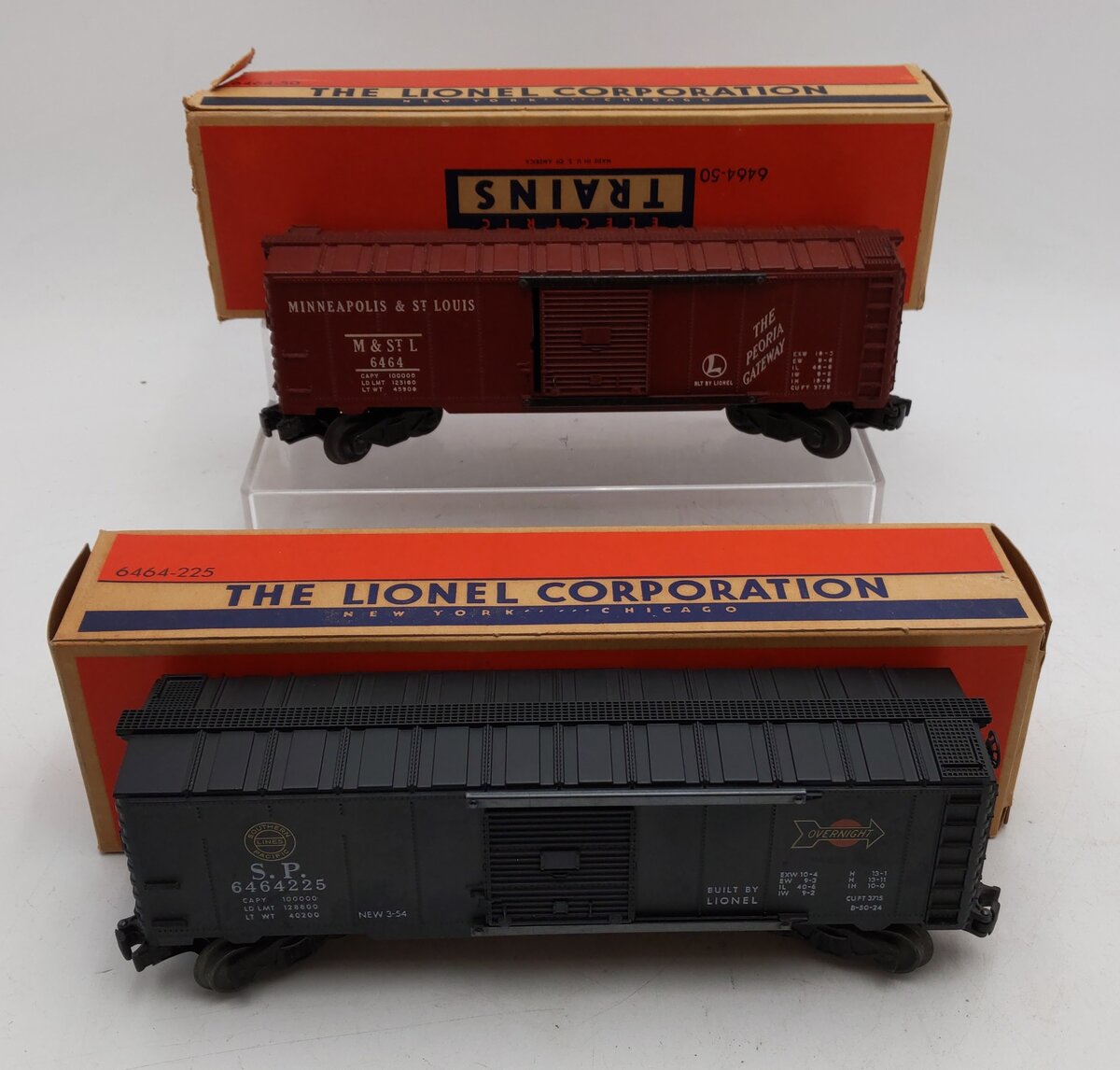Lionel Vintage O Gauge 6464-50 M&St.L Boxcar & 6464-225 Southern Pacific Boxcar VG/Box