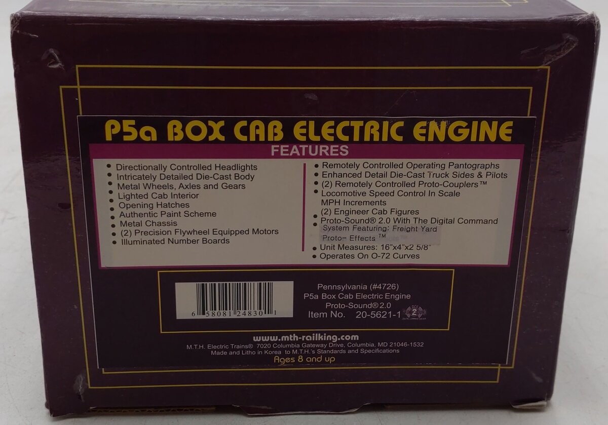 MTH 20-5621-1 O PRR P-5a Box Cab Electric Locomotive #4726 w/PS2/Box