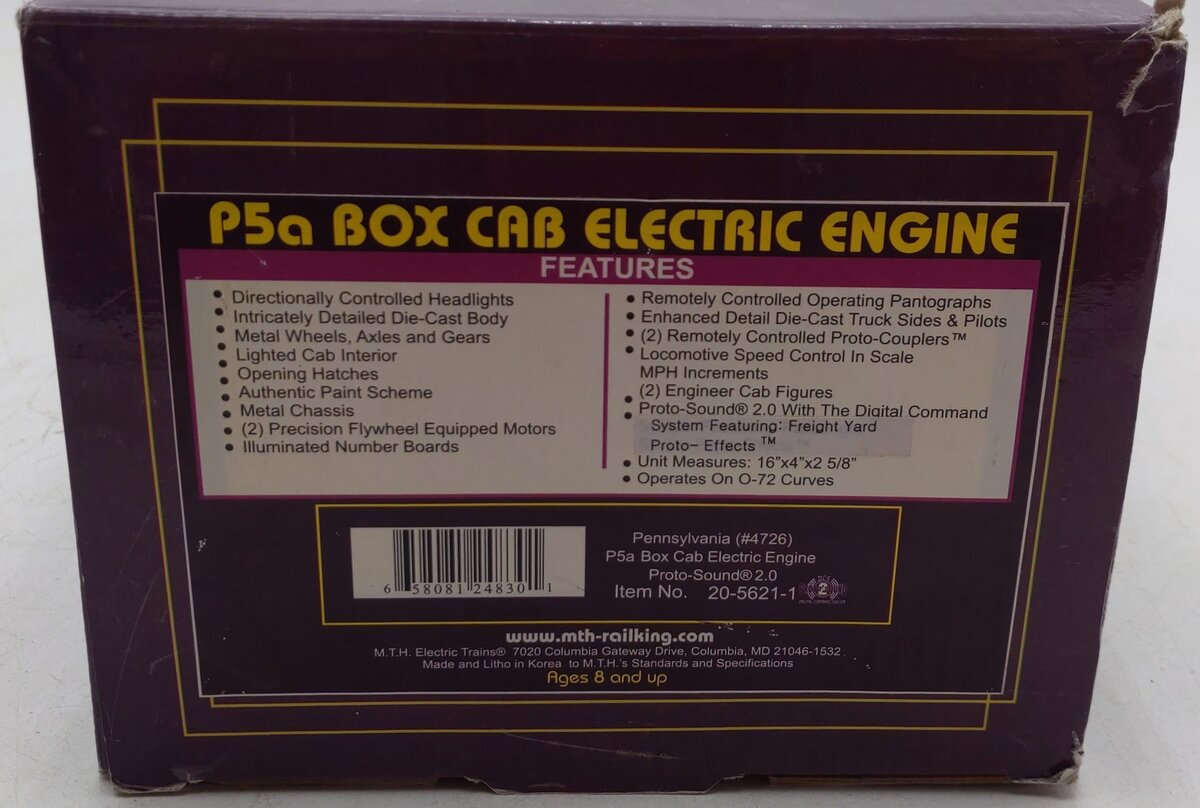 MTH 20-5621-1 O PRR P-5a Box Cab Electric Locomotive #4726 w/PS2/Box