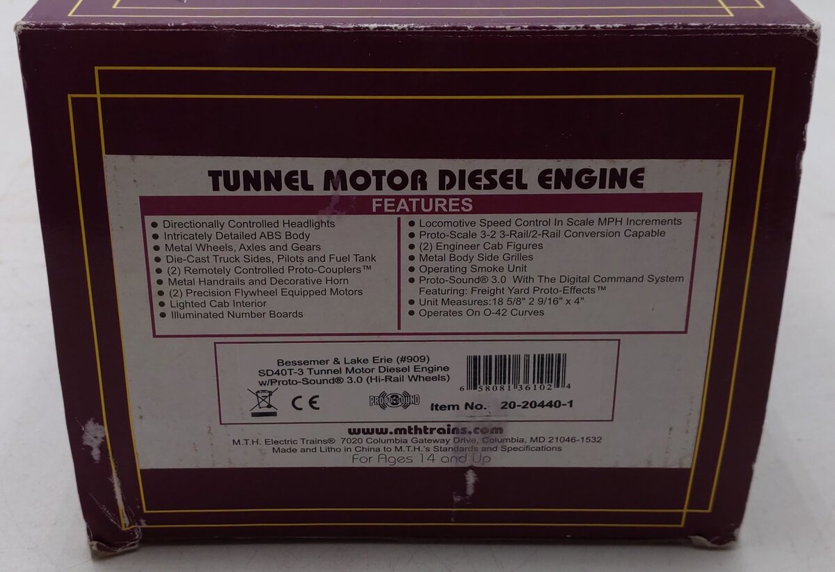 MTH 20-20440-1 B&LE SD40T-3 Tunnel Motor Diesel Engine #904 w/PS3 VG/Box