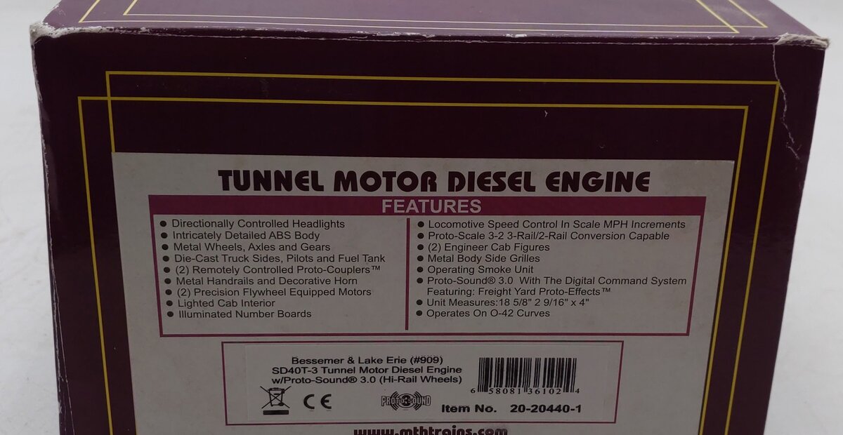 MTH 20-20440-1 B&LE SD40T-3 Tunnel Motor Diesel Engine #904 w/PS3 VG/Box
