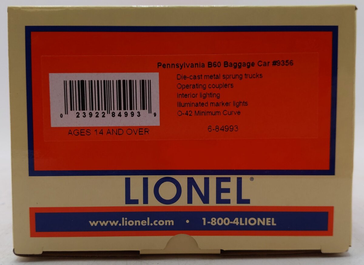 Lionel 6-84993 O Gauge Pennsylvania Railroad B60 Baggage Car #9356 EX/Box