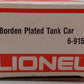 Lionel 6-9154 O Gauge Borden Plated Tank Car EX/Box