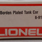 Lionel 6-9154 O Gauge Borden Plated Tank Car EX/Box