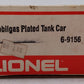 Lionel 6-9156 O Gauge Mobilgas Plated Single Dome Tank Car EX/Box