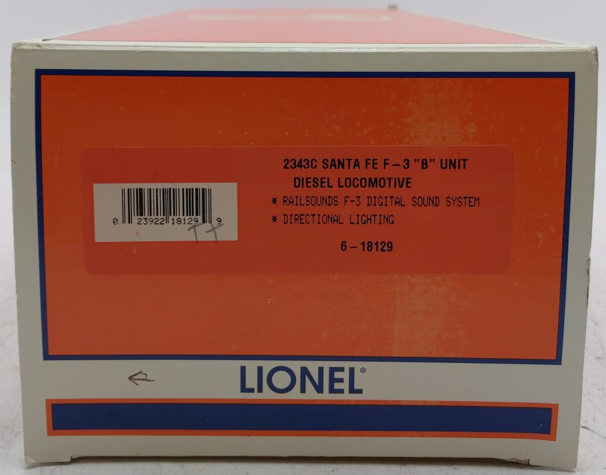 Lionel 6-18129 O Gauge Santa Fe F3 Non-Pwd B-Unit Diesel Locomotive #2343C EX/Box