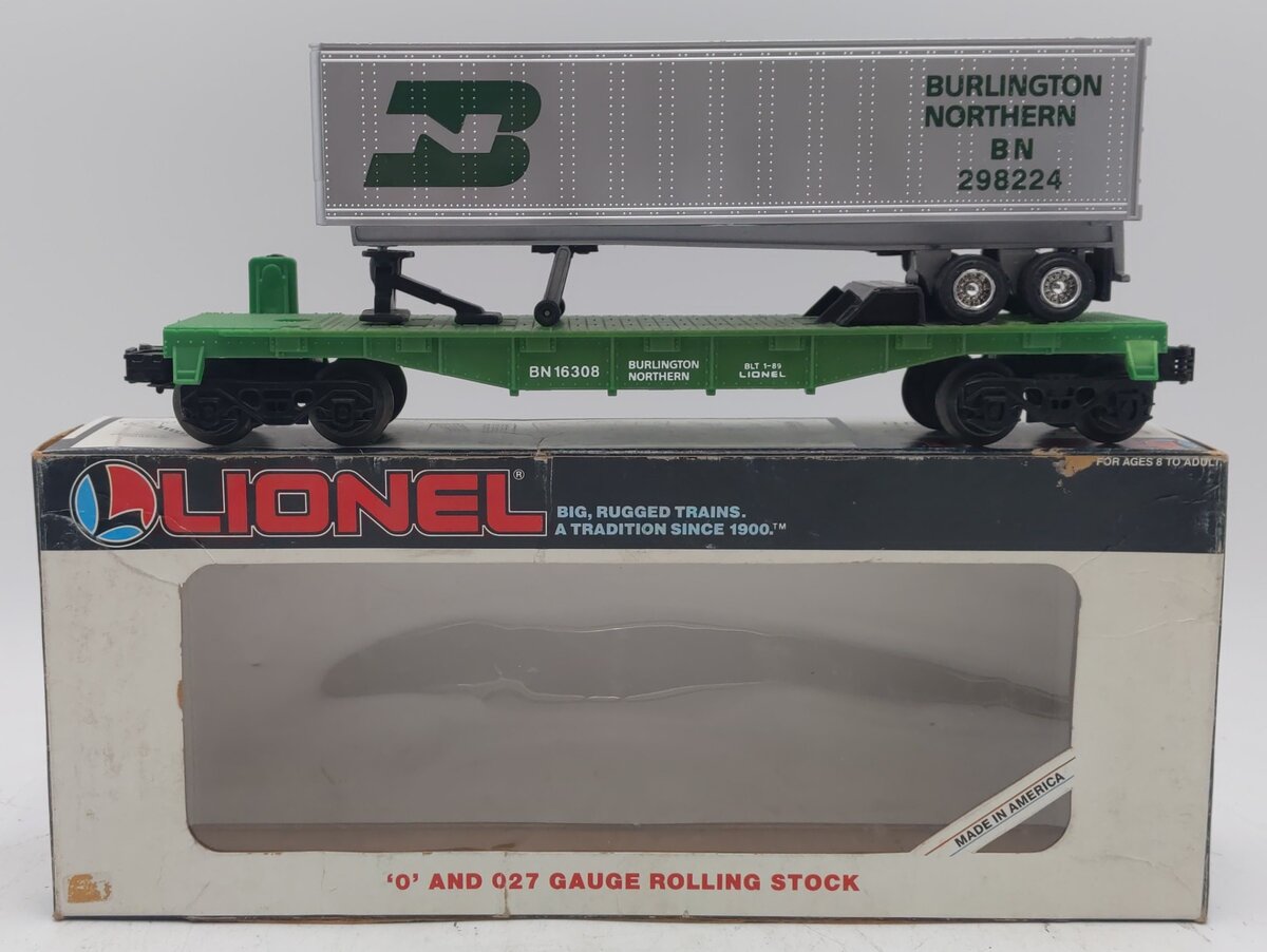 Lionel 6-16308 O Gauge Burlington Northern Flatcar w/Trailer #298224 EX/Box