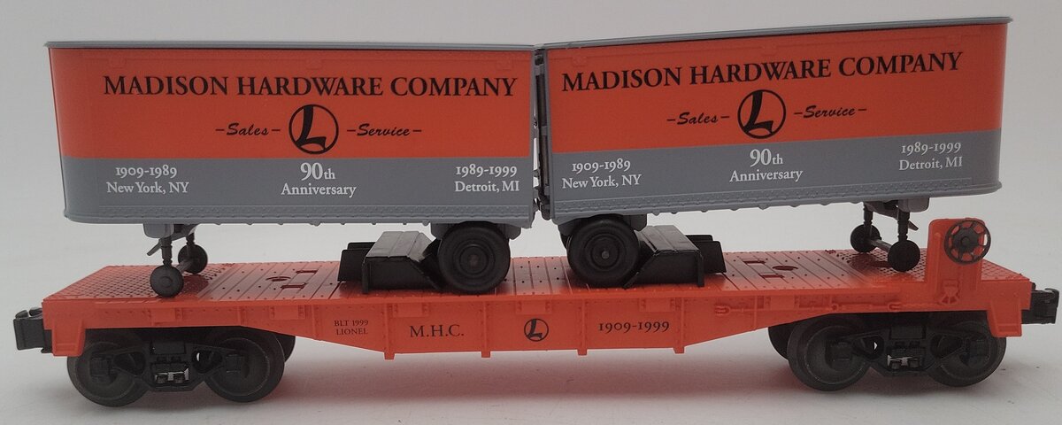 Lionel 6-52187 O Gauge Madison Hardware Flatcar w/ Piggyback Vans EX/Box