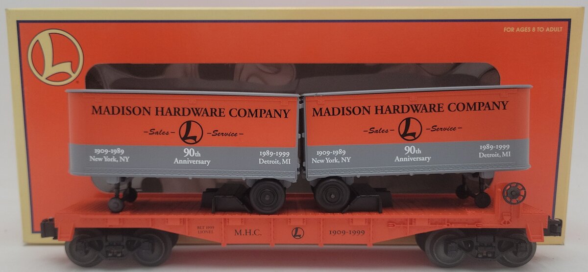 Lionel 6-52187 O Gauge Madison Hardware Flatcar w/ Piggyback Vans EX/Box