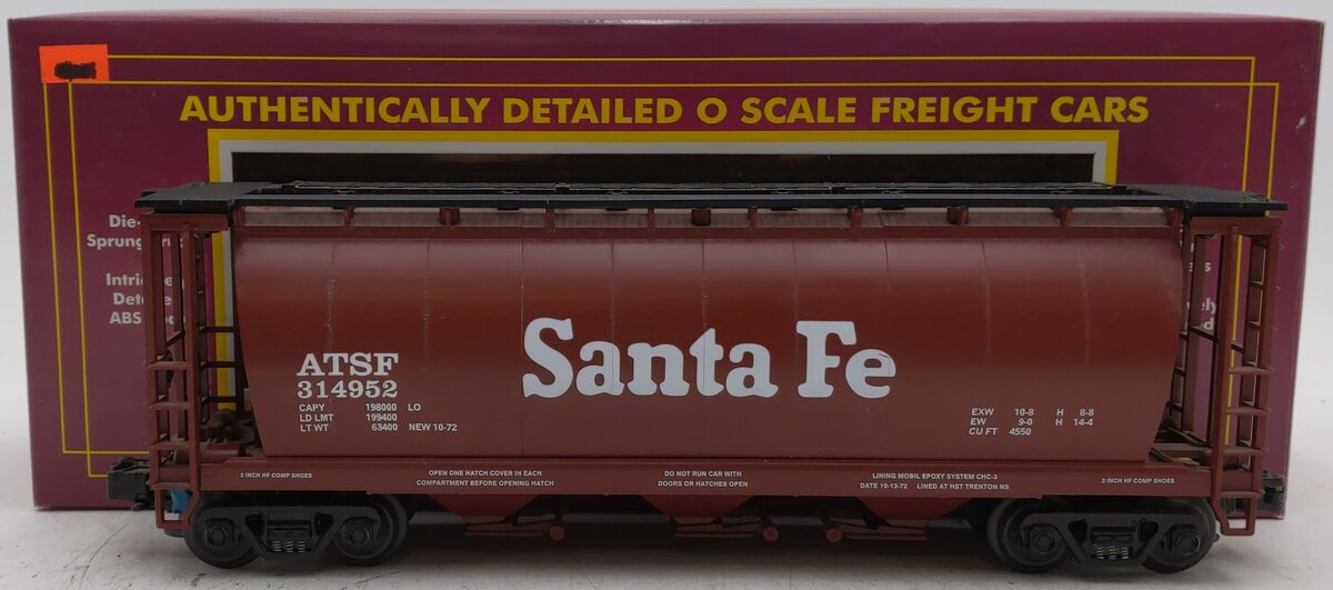 MTH 20-97406 O Gauge Santa Fe 3-Bay Cylindrical Hopper #314952 EX/Box