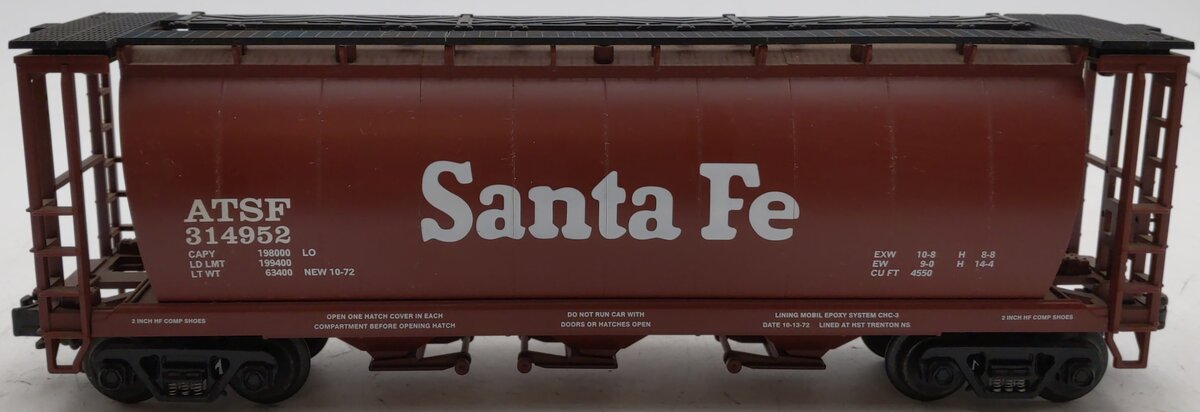 MTH 20-97406 O Gauge Santa Fe 3-Bay Cylindrical Hopper #314952 EX/Box
