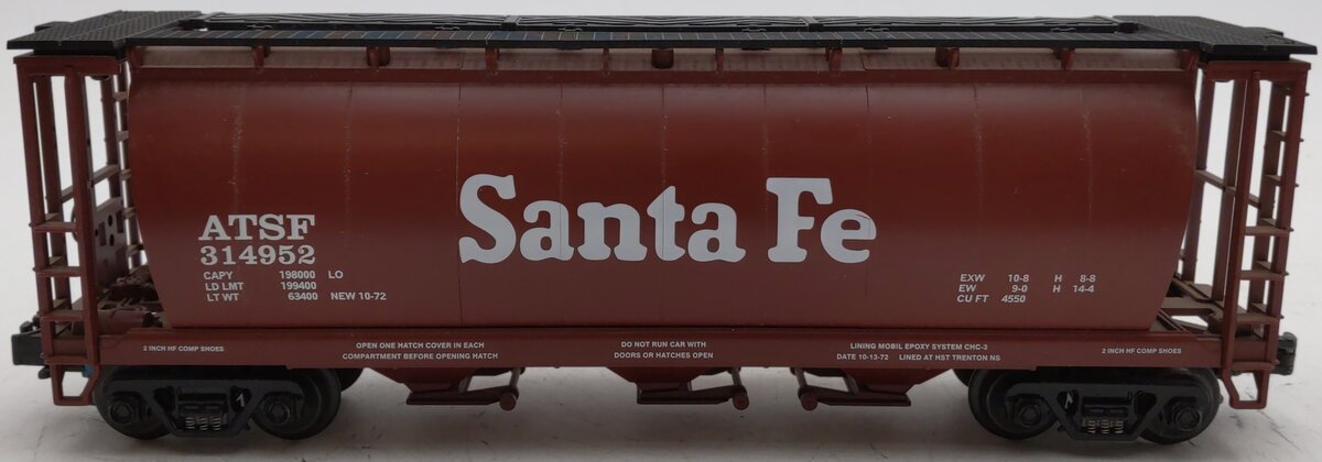 MTH 20-97406 O Gauge Santa Fe 3-Bay Cylindrical Hopper #314952 EX/Box