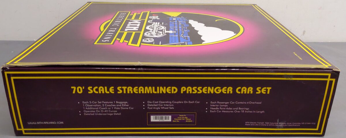 MTH 20-6543 O Santa Fe 70' Streamlined Passenger Car Set (Set of 5) VG/Box